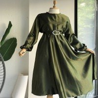 AG Stone Belt Satin Dress - كاكي