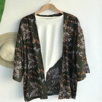 PLS Leaf Printed Short Kimono - Haki