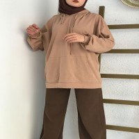 Hooded Kangaroo Sweat with Pocket - Camel