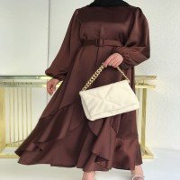 HW Satin Bottom Frilly Belted Dress -Brown