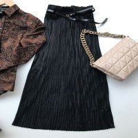PR Belted Pleated Skirt - BLACK