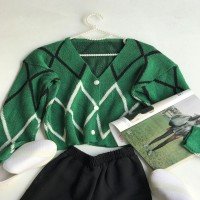 HZ Buttoned Triangle Pique Knitted Jacket - Green