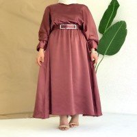 QAF Elastic Sleeve And Waist Elastic Belt Dress - Dried Rose