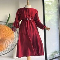 AG Stone Belt Satin Dress - Claret Red