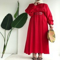 QAF Elastic Sleeve And Waist Elastic Belt Dress - Red