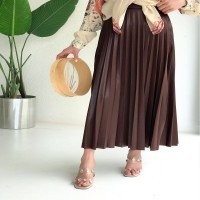 Dt Pleated Leather Skirt - BROWN