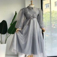 AG Organized Collar Pearl Evening Dress - Gray