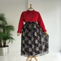 DM Elastic Waist Floral Chiffon Skirt - Black