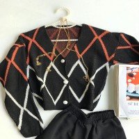 HZ Buttoned Triangle Pique Knitted Jacket - Black