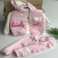 Baby Lovely Cat Written Vest 3-Piece Set - Pudra