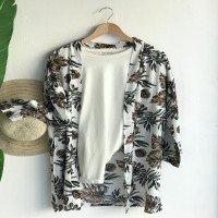 PLS Leaf Printed Short Kimono - Beyaz & Haki