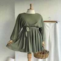 NS Bat Sleeve Waist Elastic Tunic - Haki