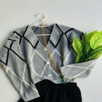 HZ Buttoned Triangle Pique Knitted Jacket - Gray