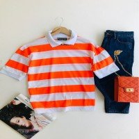 Thick Striped Collar T-Shirt Neon - ORANGE