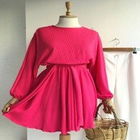 NS Bat Sleeve Waist Elastic Tunic - Neon Pembe