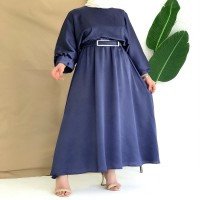 QAF Elastic Sleeve And Waist Elastic Belt Dress - Blue