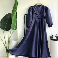 Tn Double Breasted Satin Evening Dress - Navy Blue