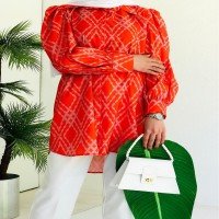 ET Diamond Pattern Balloon Sleeve Shirt - Orange