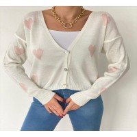 AQL Heart Buttoned Cardigan - Cream