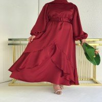 HW Satin Bottom Frilly Belted Dress - Claret Red