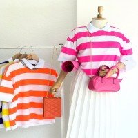 Thick Striped Collar T-Shirt Neon - Pink