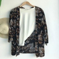 PLS Leaf Print Short Kimono - Black & Brown