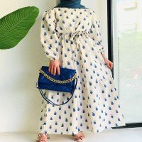 EFL Pineapple Pattern Linen Dress - Blue