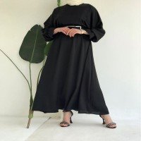 QAF Robe à ceinture élastique à manches et à la taille - Noir