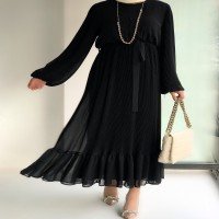 Robe en mousseline plissée à manches et jupe SH - Noir