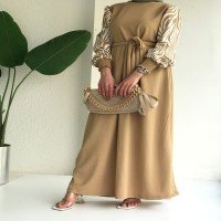 Robe plissée à motif zébré à manches NF - Camel