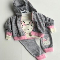 Ensemble 3 pièces gilet tête de lapin pour bébé - gris et rose