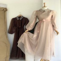 AG Robe de soirée en perles à col organisé - Marron lait