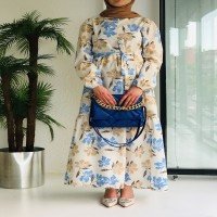 END Robe Motif Lotus - Bleu & Crème