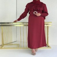 Атласное Платье HW С Поясом - Бордовый